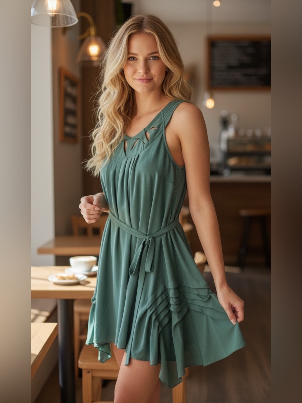 De Chance Green Flowy Sleeveless Dress Sz SMALL